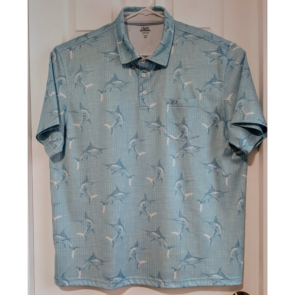 IZOD Saltwater Mens XXL Blue Marlin Fish Print Performance Polo Shirt VERY NICE! - Picture 2 of 5